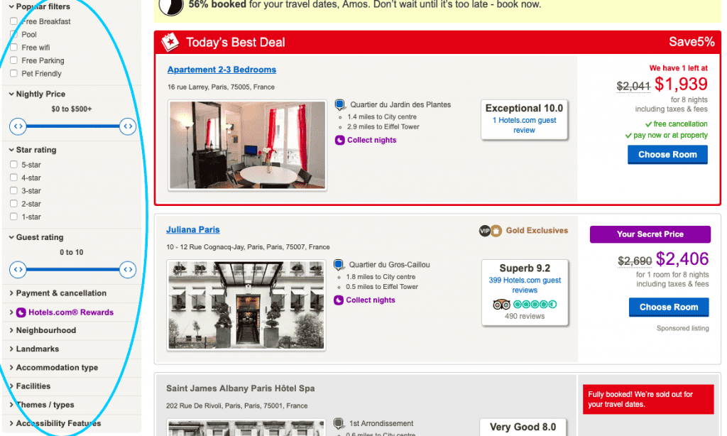 A screenshot showing different filters you can apply when searching for hotels.