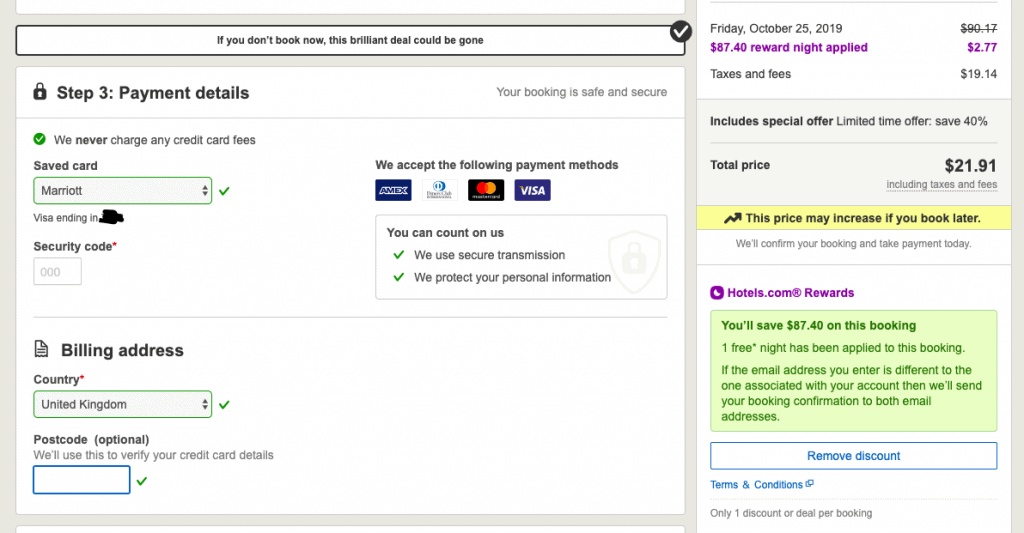 A screenshot showing how to redeem free nights.