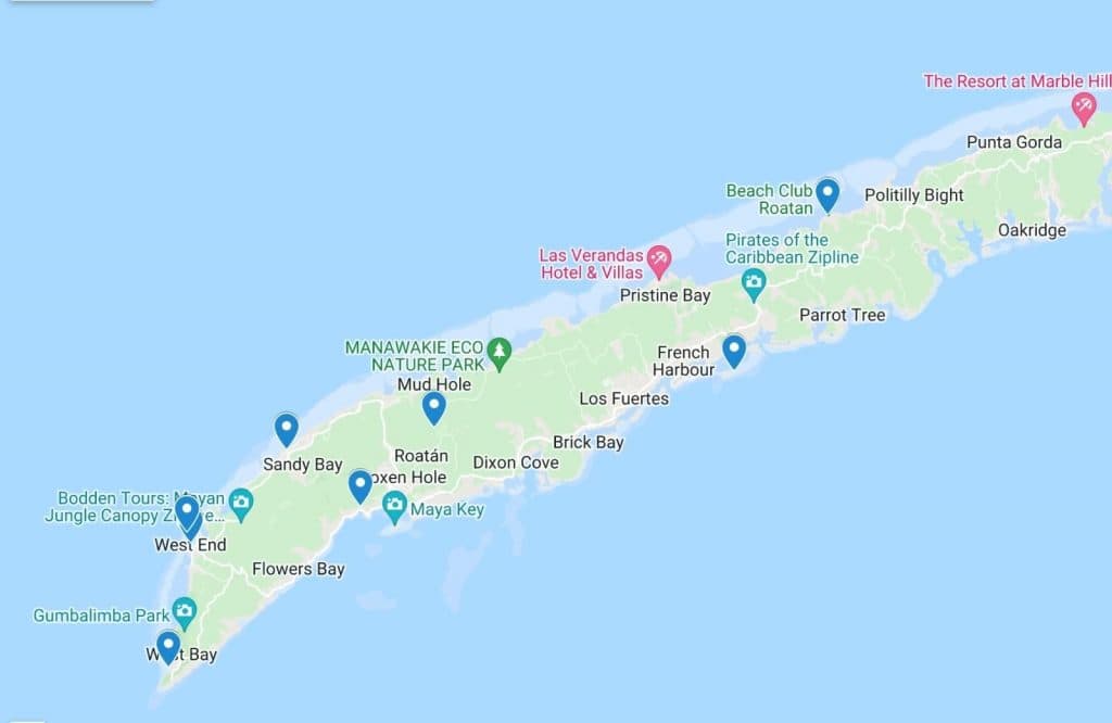 A map showing the highlights of one day in Roatan.