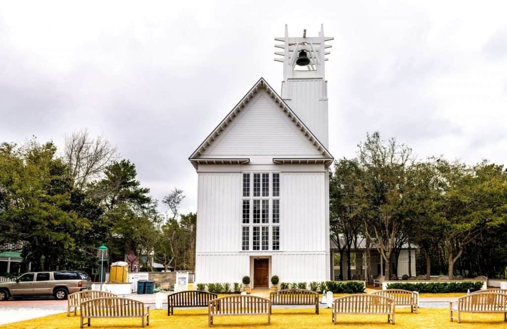 A white chapel known as the Chapel at Seaside.