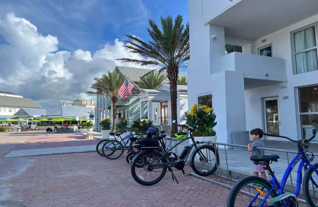 A row of bicycles on a street in Seaside.