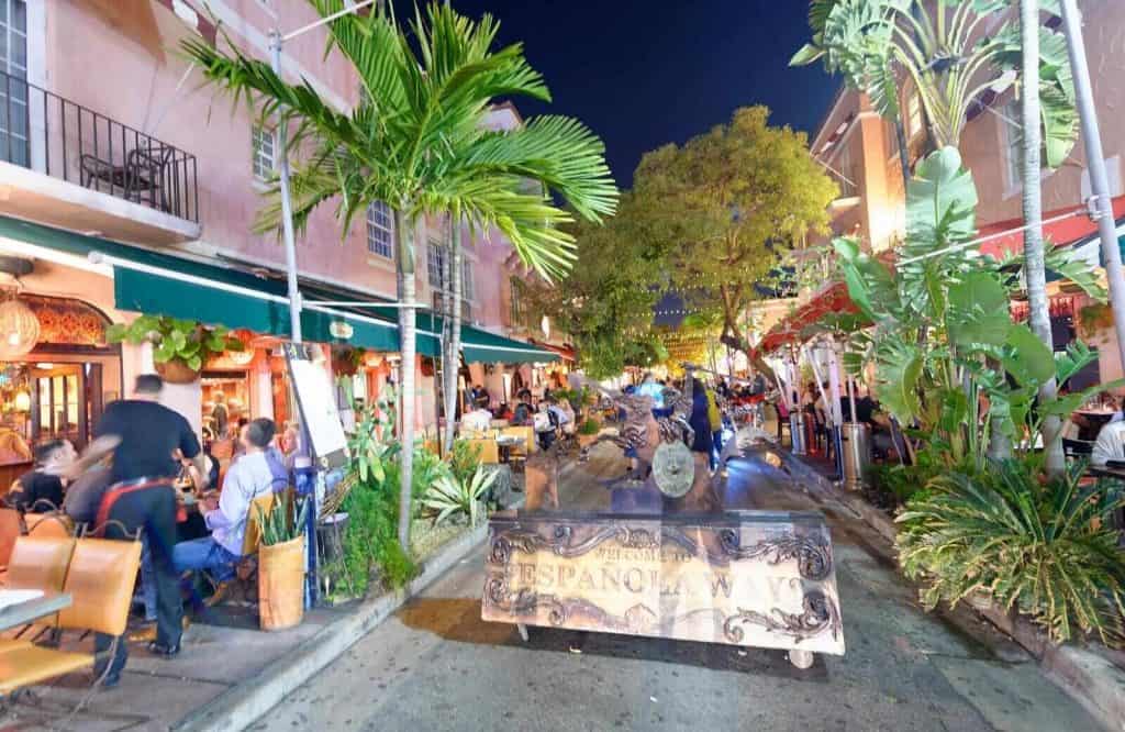 Night view of Espanola Way in Miami.