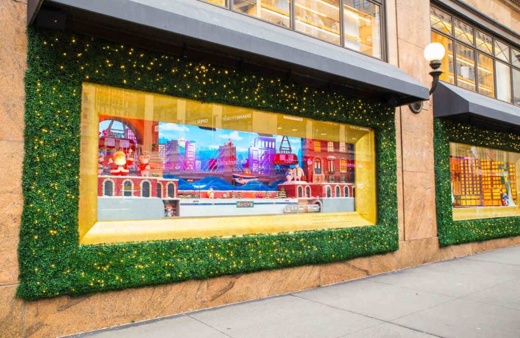 Christmas displays in store windows on Fifth Avenue.