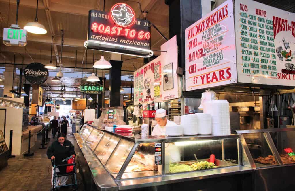 The interior of Grand Central Market in Los Angeles with a Mexican eatery.
