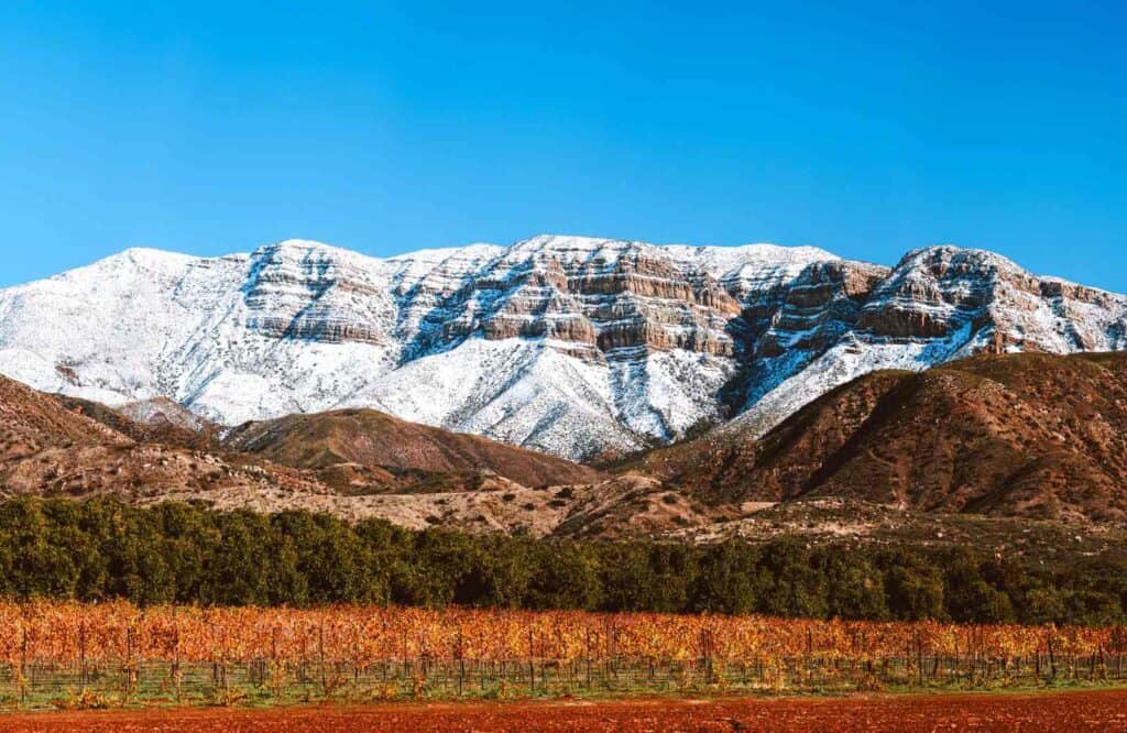 Snow covered Topatopa Mountains in Ojai, California.