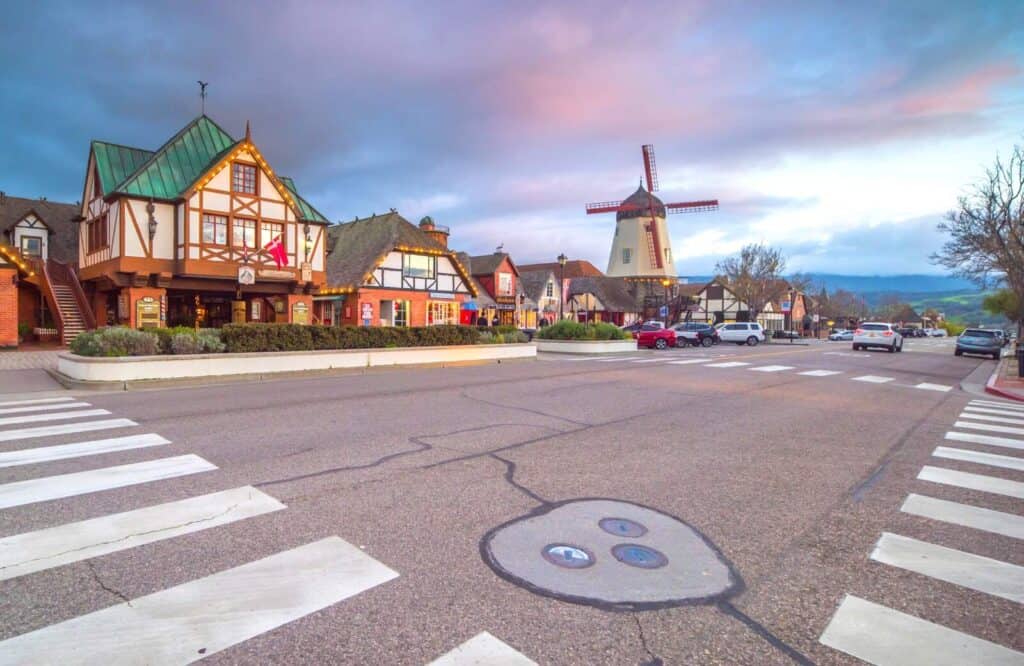 A windmill and a building with Danish architecture in Solvang, California.
