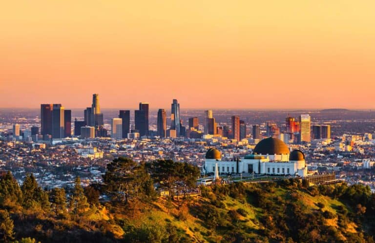 View of the skyline with towering buildings at sunset for a 2 day Los Angeles itinerary.