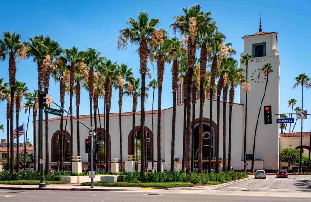 Tall palm trees in front of Union Station in Los Angeles.