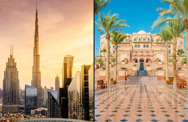 An image divided into two individual images with the left side being the skyline of Dubai and the right side being Abu Dhabi, which highlights Abu Dhabi vs Dubai.