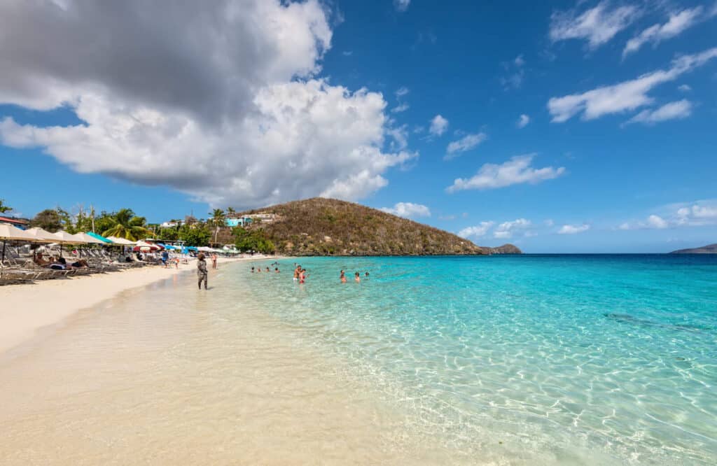 Umbrellas and chairs lined along the shore of Coki Point Beach with powdery white sand and clear baby blue water.