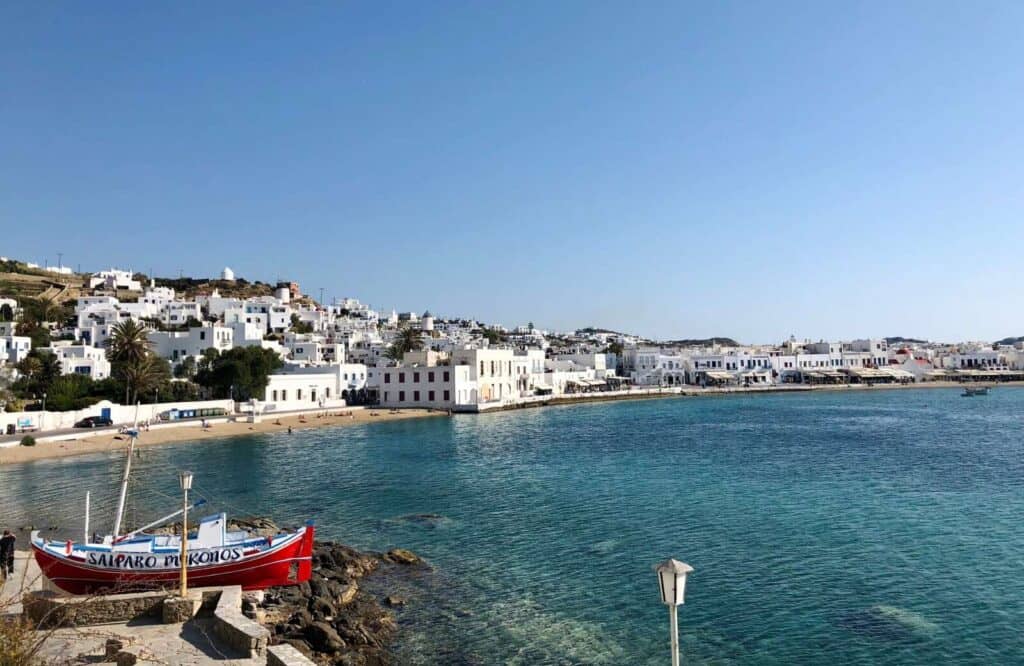 View of Mykonos overlooking the water for how to see Mykonos in one day.