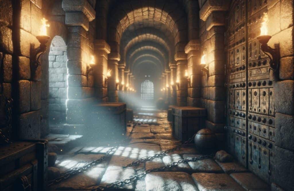 Ancient fort corridor illuminated by wall-mounted torches casting a warm glow over stone walls and a heavy, studded door, creating a mysterious medieval and spooky atmosphere.