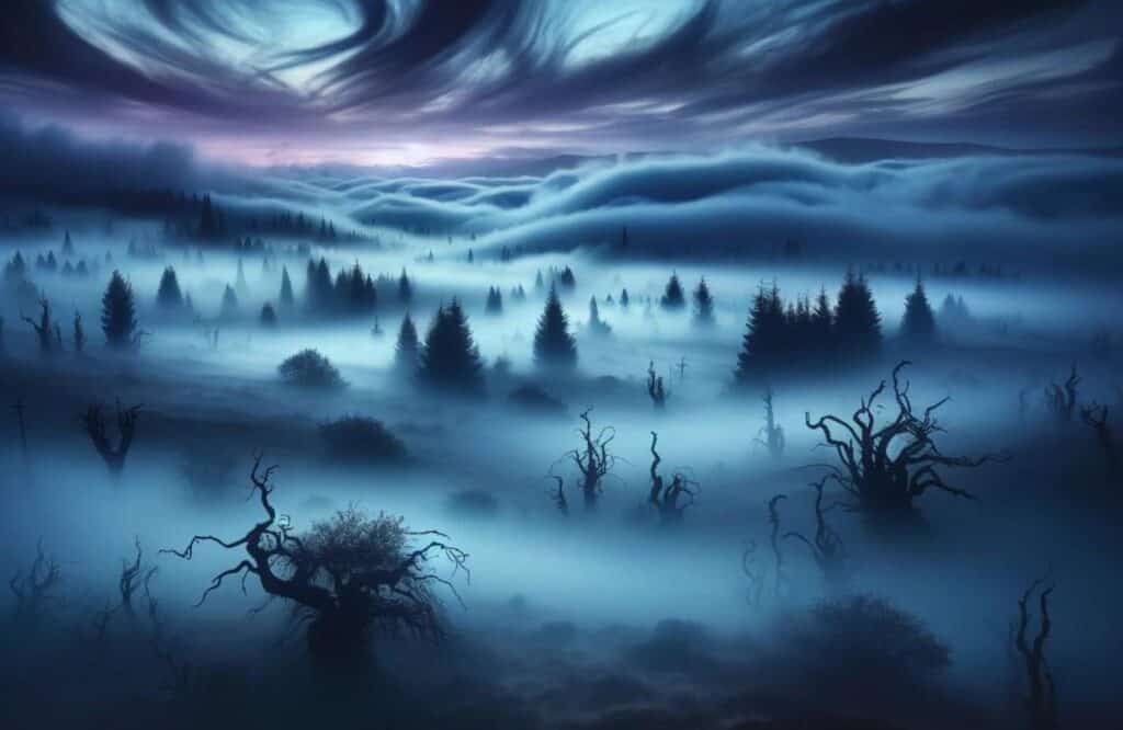 Eerie landscape at dusk featuring silhouetted trees amidst a thick, rolling fog. Swirling dark clouds loom overhead in a dramatic sky, casting a mystical blue light over the mist-enshrouded forest.