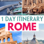 Collage of iconic landmarks in Rome with text overlay that reads "1 Day Itinerary Rome." The images show the Spanish Steps, Trevi Fountain, the Colosseum, and a scenic view of domed rooftops in the historic city center. The website name "dishadiscovers.com" is displayed at the bottom.