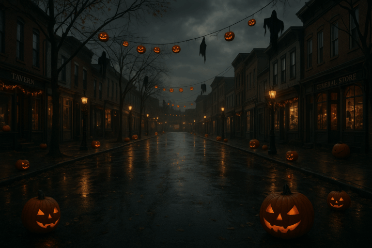 A spooky, rain-slicked small-town street lined with glowing jack-o'-lanterns and hanging ghost decorations under moody evening skies. This eerie setup captures the festive charm found in the best Halloween towns in the USA.