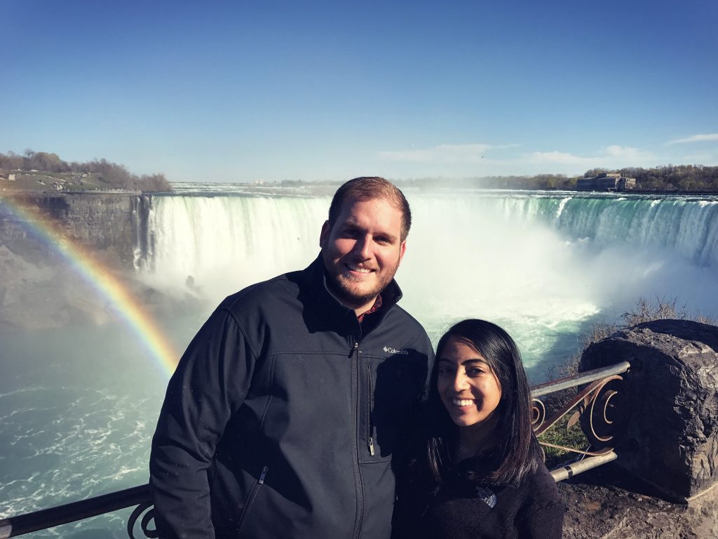 a photo of me and my husband at niagara falls on the canada side